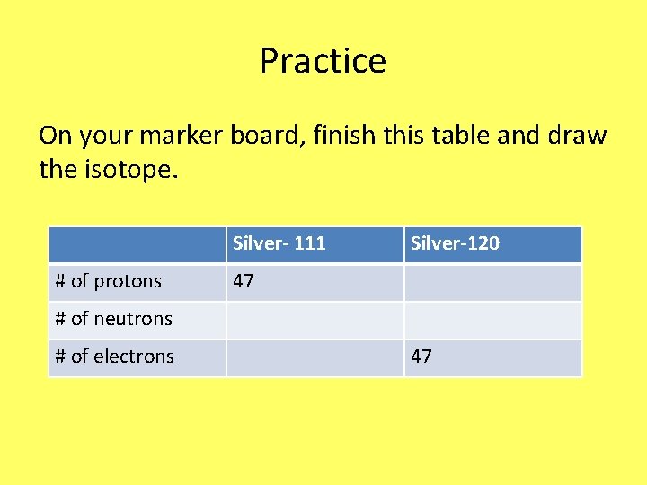 Practice On your marker board, finish this table and draw the isotope. Silver- 111 Practice On your marker board, finish this table and draw the isotope. Silver- 111