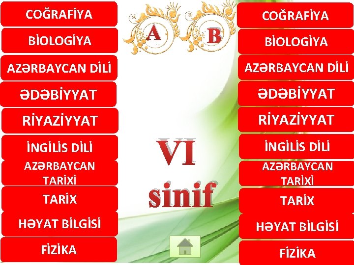 COĞRAFİYA BİOLOGİYA A B COĞRAFİYA BİOLOGİYA AZƏRBAYCAN DİLİ ƏDƏBİYYAT RİYAZİYYAT İNGİLİS DİLİ AZƏRBAYCAN TARİXİ
