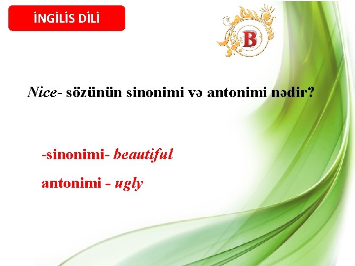 İNGİLİS DİLİ B Nice- sözünün sinonimi və antonimi nədir? -sinonimi- beautiful antonimi - ugly