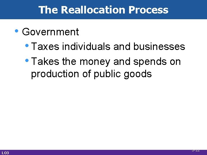 The Reallocation Process • Government • Taxes individuals and businesses • Takes the money