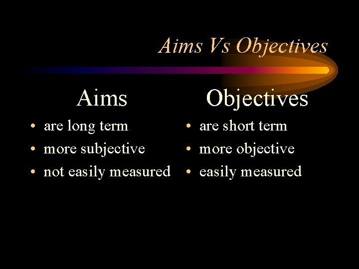Aims Vs Objectives Aims Objectives • are long term • are short term •