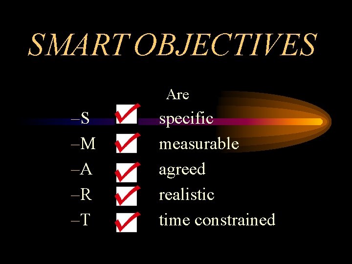 SMART OBJECTIVES Are –S –M –A –R –T specific measurable agreed realistic time constrained
