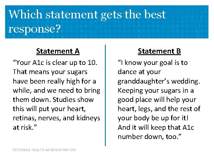 Which statement gets the best response? Statement A Statement B “Your A 1 c