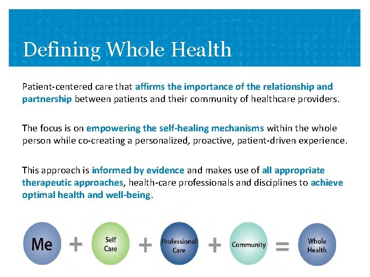 Defining Whole Health Patient-centered care that affirms the importance of the relationship and partnership