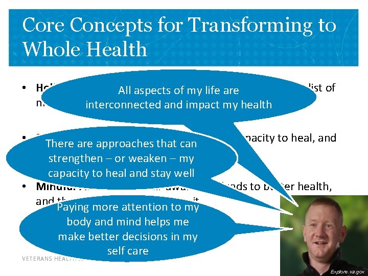 Core Concepts for Transforming to Whole Health • Holism: People are more than a