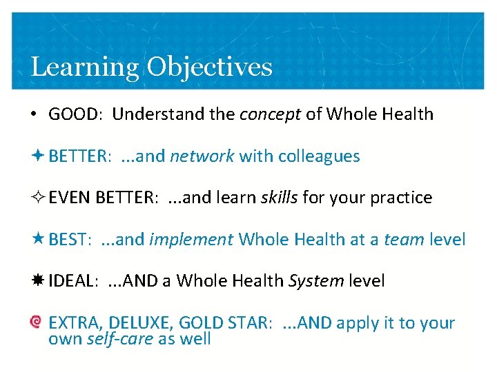 Learning Objectives • GOOD: Understand the concept of Whole Health BETTER: . . .