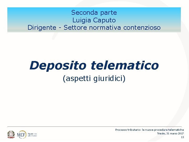 Seconda parte Luigia Caputo Dirigente - Settore normativa contenzioso Deposito telematico (aspetti giuridici) Processo