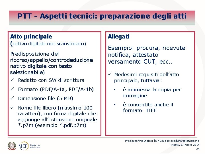 PTT - Aspetti tecnici: preparazione degli atti Atto principale (nativo digitale non scansionato) Predisposizione