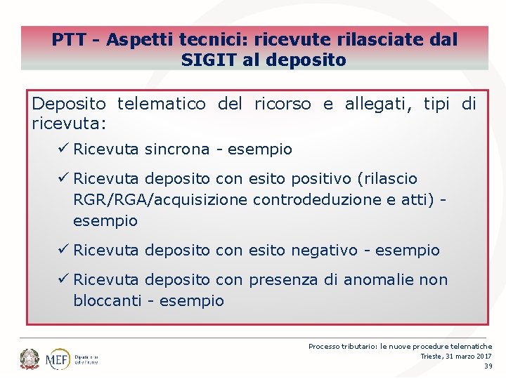 Percorsi PTT - Aspetti tecnici: ricevute rilasciate dal SIGIT al deposito Deposito telematico del