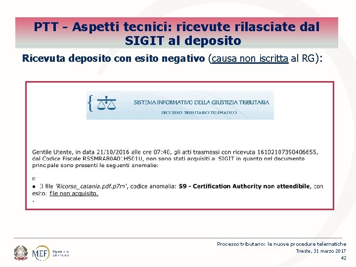 Percorsi PTT - Aspetti tecnici: ricevute rilasciate dal SIGIT al deposito Ricevuta deposito con