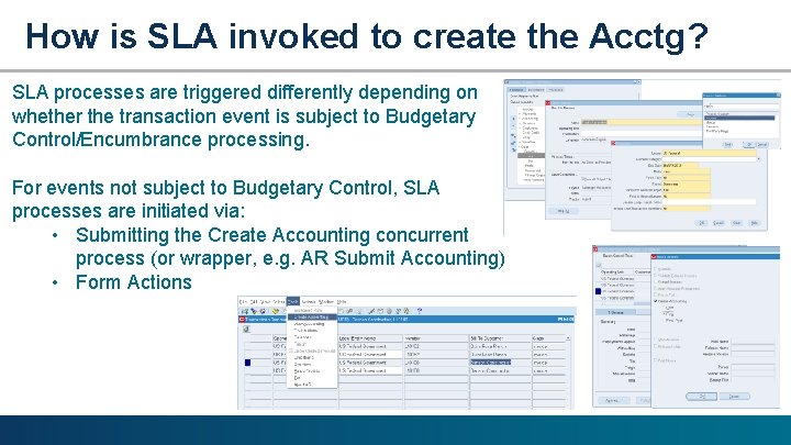 How is SLA invoked to create the Acctg? SLA processes are triggered differently depending