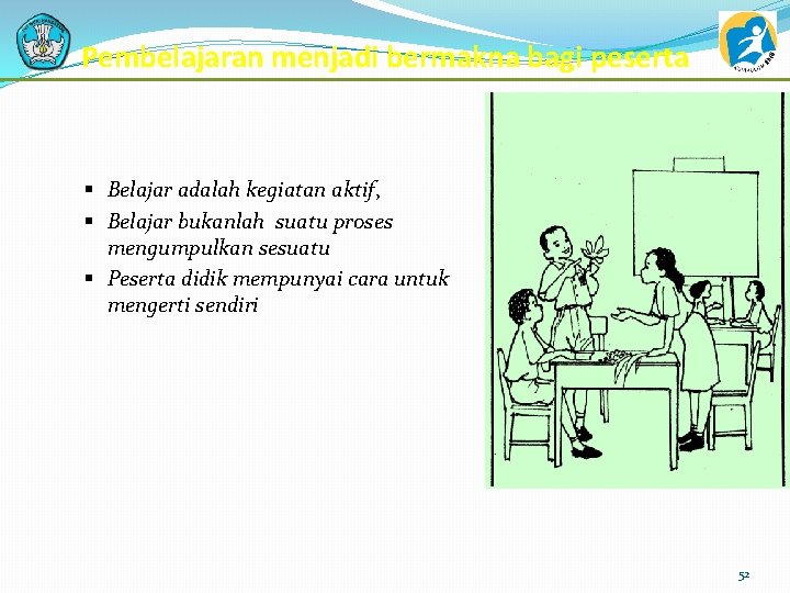 Pembelajaran menjadi bermakna bagi peserta § Belajar adalah kegiatan aktif, § Belajar bukanlah suatu