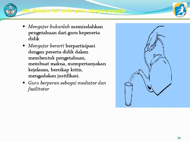 jika ditinjau dari sudut guru sebagai pengajar § Mengajar bukanlah memindahkan pengetahuan dari guru