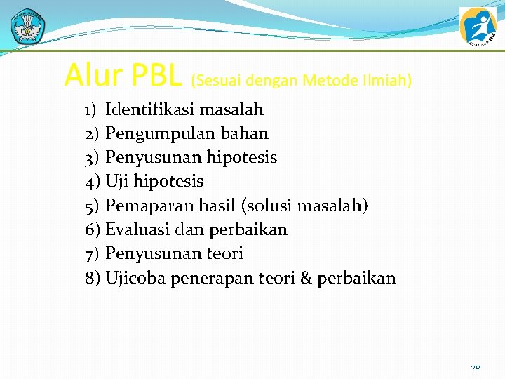Alur PBL (Sesuai dengan Metode Ilmiah) 1) Identifikasi masalah 2) Pengumpulan bahan 3) Penyusunan