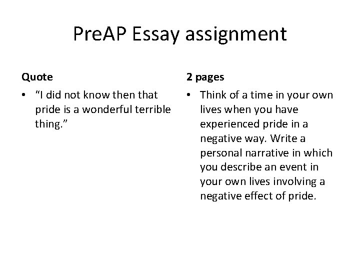 Pre. AP Essay assignment Quote 2 pages • “I did not know then that