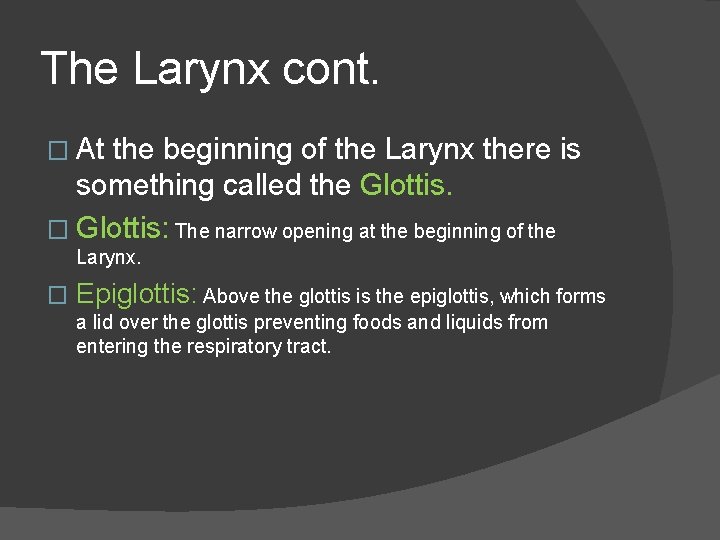 The Larynx cont. � At the beginning of the Larynx there is something called