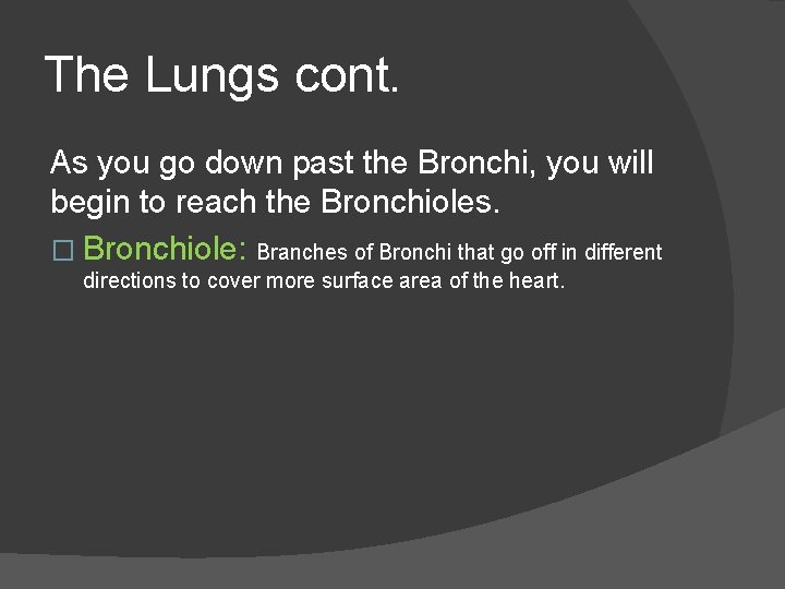 The Lungs cont. As you go down past the Bronchi, you will begin to