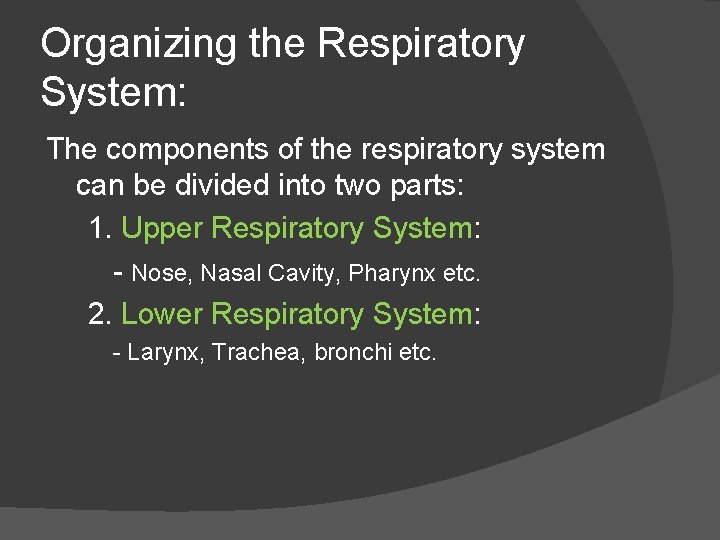 Organizing the Respiratory System: The components of the respiratory system can be divided into