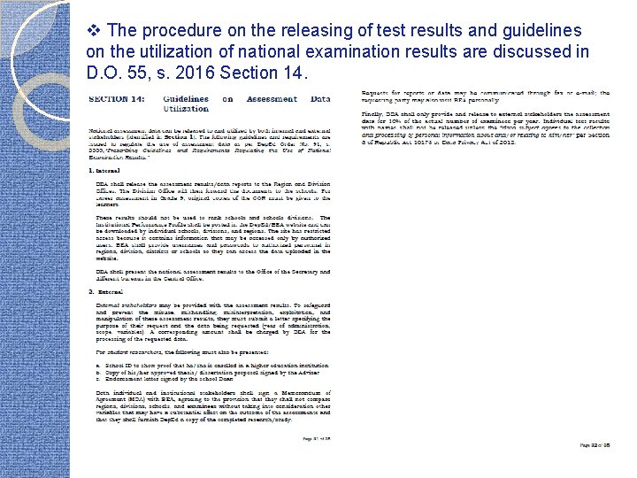v The procedure on the releasing of test results and guidelines on the utilization