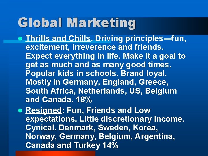 Global Marketing Thrills and Chills. Driving principles---fun, excitement, irreverence and friends. Expect everything in