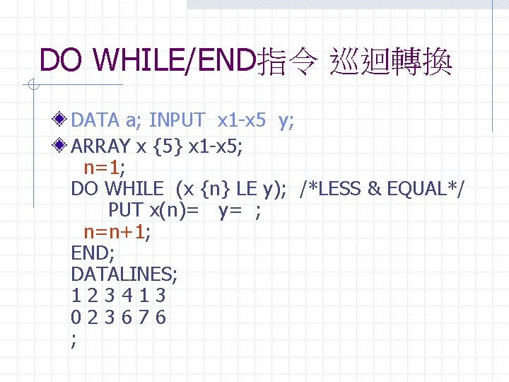 DO WHILE/END指令 巡迴轉換 DATA a; INPUT x 1 -x 5 y; ARRAY x {5}