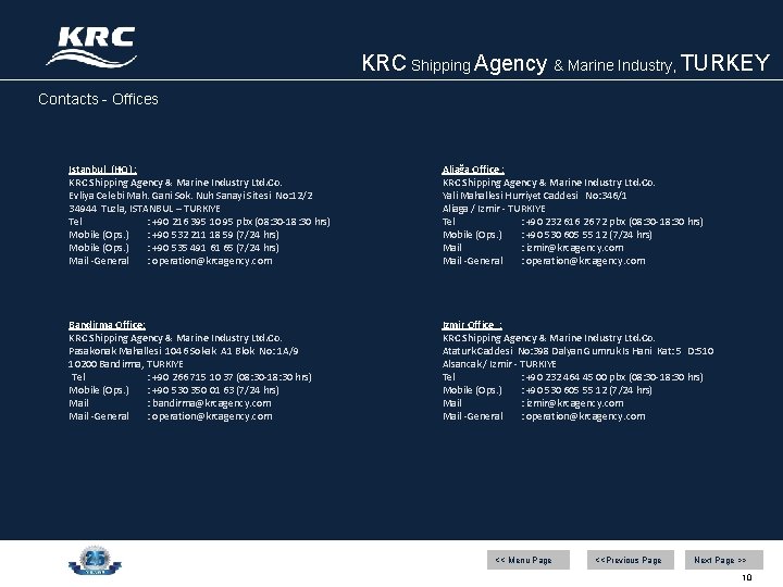 KRC Shipping Agency & Marine Industry, TURKEY Contacts - Offices Istanbul (HQ) ; KRC