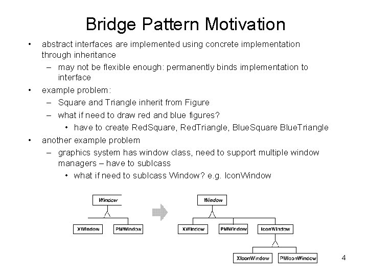Bridge Pattern Motivation • • • abstract interfaces are implemented using concrete implementation through
