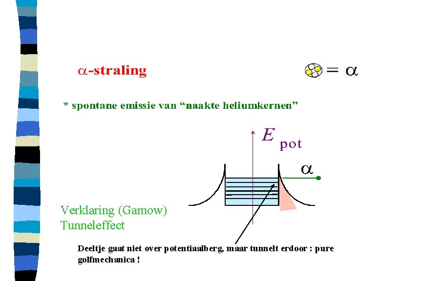 Verklaring (Gamow) Tunneleffect Deeltje gaat niet over potentiaalberg, maar tunnelt erdoor : pure golfmechanica