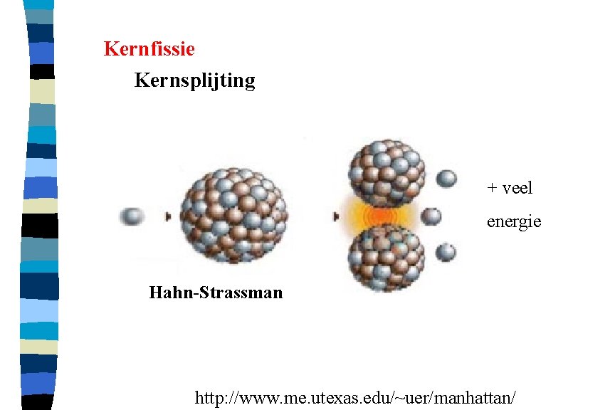 Kernfissie Kernsplijting + veel energie Hahn-Strassman http: //www. me. utexas. edu/~uer/manhattan/ 