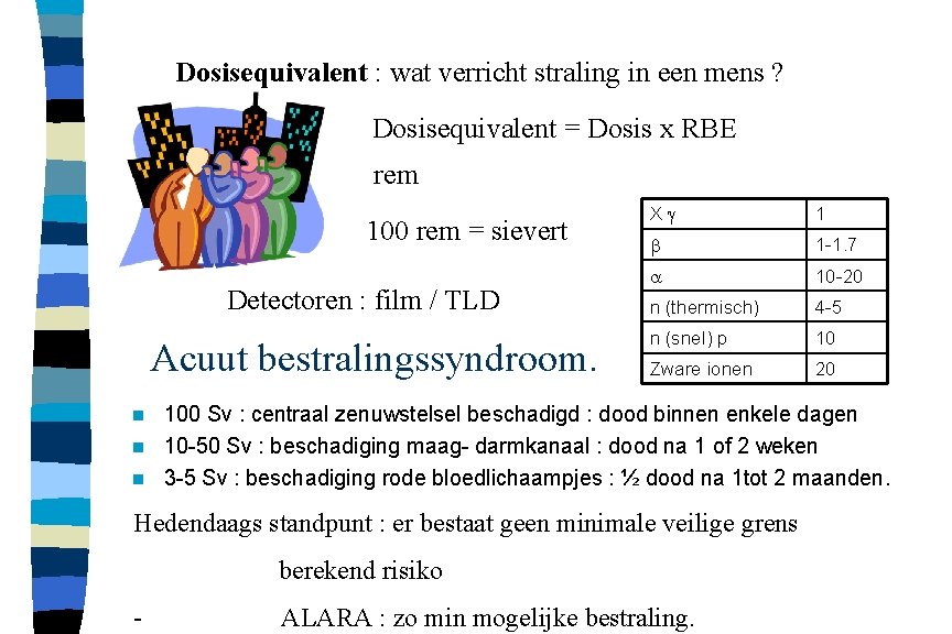 Dosisequivalent : wat verricht straling in een mens ? Dosisequivalent = Dosis x RBE