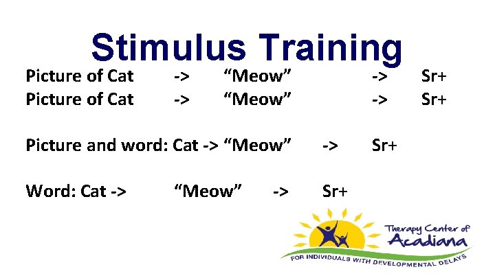 Stimulus Training Picture of Cat -> -> “Meow” -> -> Picture and word: Cat
