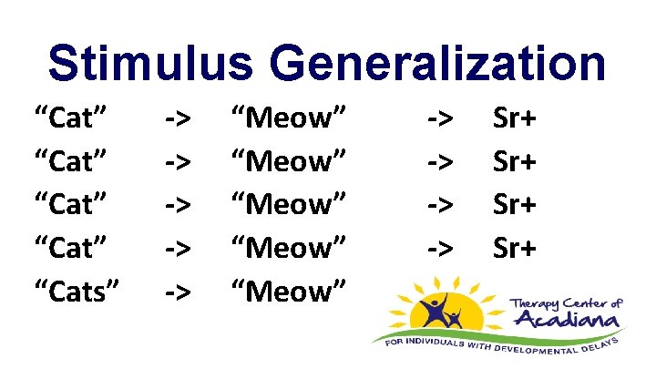 Stimulus Generalization “Cat” “Cats” -> -> -> “Meow” “Meow” -> -> Sr+ Sr+ 