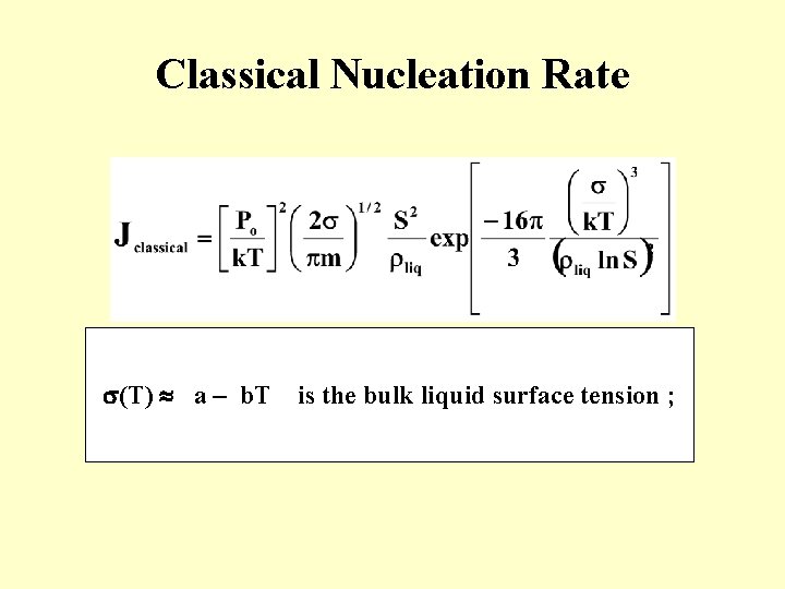 Classical Nucleation Rate (T) a – b. T is the bulk liquid surface tension