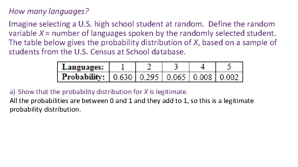 How many languages? Imagine selecting a U. S. high school student at random. Define How many languages? Imagine selecting a U. S. high school student at random. Define