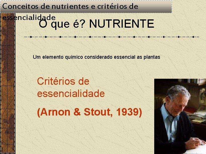 Conceitos de nutrientes e critérios de essencialidade O que é? NUTRIENTE Um elemento químico