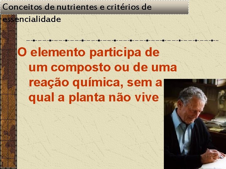 Conceitos de nutrientes e critérios de essencialidade O elemento participa de um composto ou