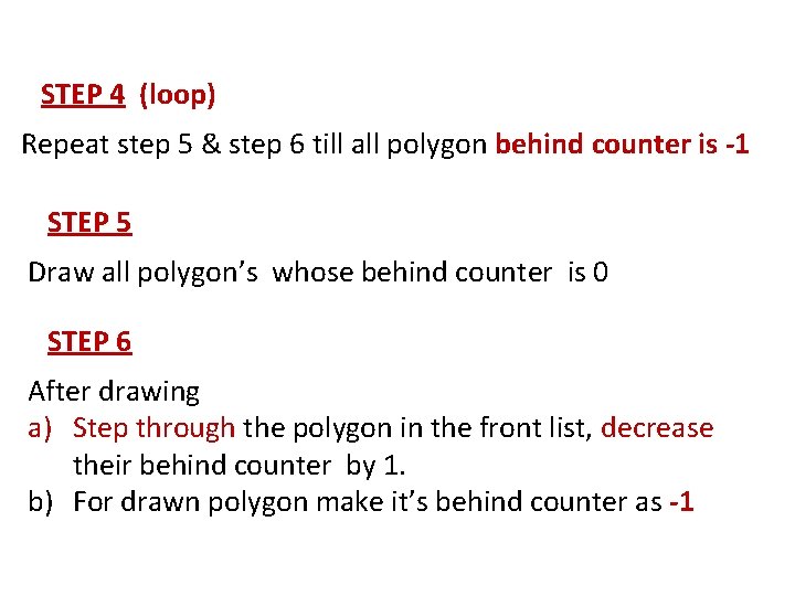 STEP 4 (loop) Repeat step 5 & step 6 till all polygon behind counter STEP 4 (loop) Repeat step 5 & step 6 till all polygon behind counter