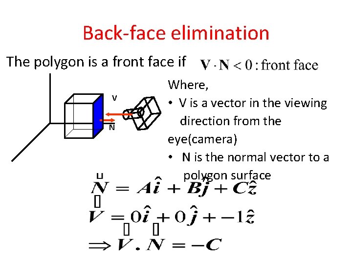 Back-face elimination The polygon is a front face if V N Where, • V