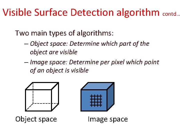 Visible Surface Detection algorithm contd… Two main types of algorithms: – Object space: Determine