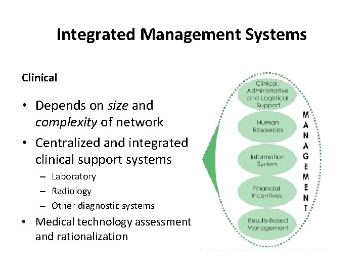 Integrated Management Systems Clinical • Depends on size and complexity of network • Centralized