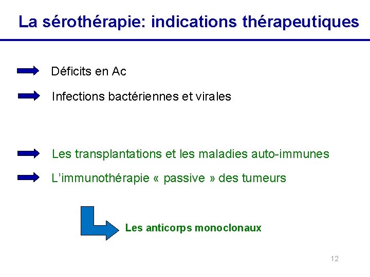 La sérothérapie: indications thérapeutiques Déficits en Ac Infections bactériennes et virales Les transplantations et