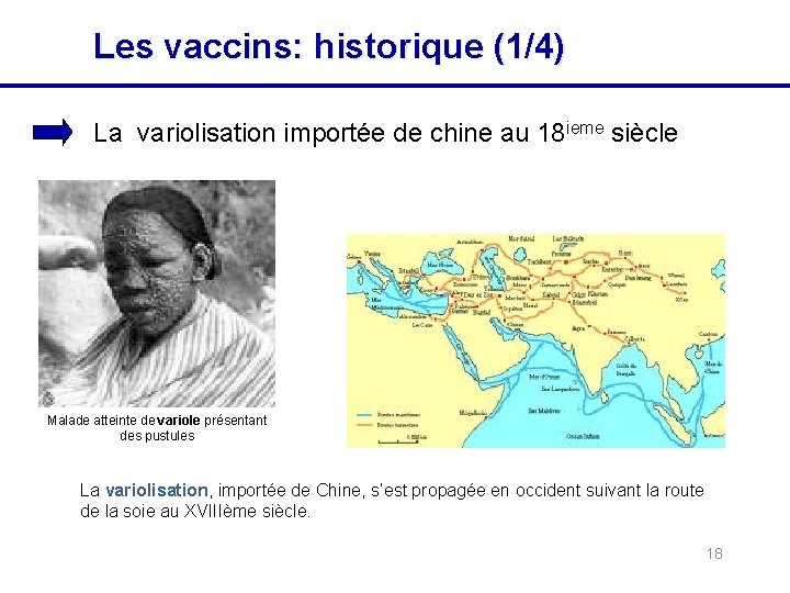 Les vaccins: historique (1/4) La variolisation importée de chine au 18 ieme siècle Malade