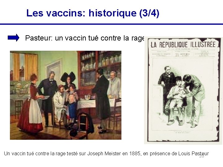 Les vaccins: historique (3/4) Pasteur: un vaccin tué contre la rage Un vaccin tué