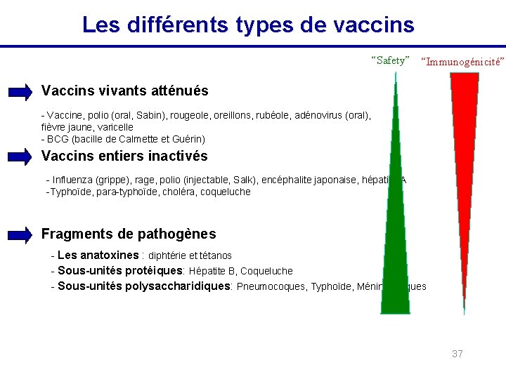 Les différents types de vaccins “Safety” “Immunogénicité” Vaccins vivants atténués - Vaccine, polio (oral,