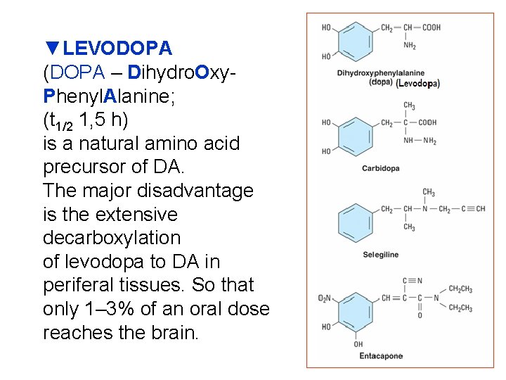 ▼LEVODOPA (DOPA – Dihydro. Oxy. Phenyl. Alanine; (t 1/2 1, 5 h) is a