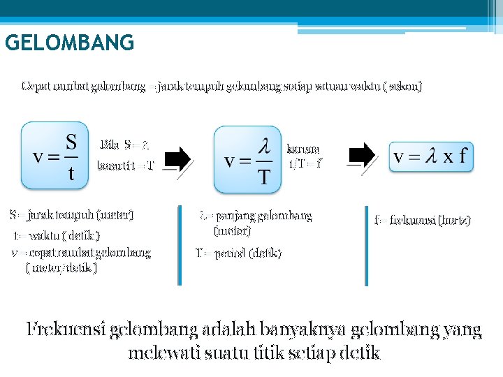 GELOMBANG Cepat rambat gelombang = jarak tempuh gelombang setiap satuan waktu ( sekon) Bila