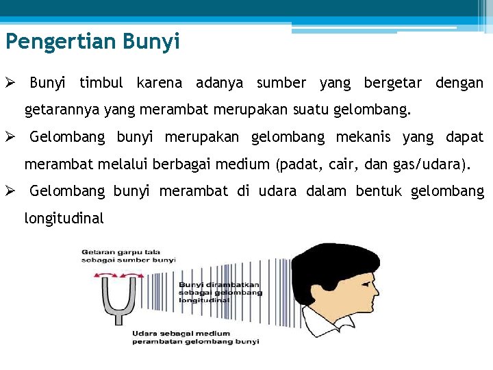 Pengertian Bunyi Ø Bunyi timbul karena adanya sumber yang bergetar dengan getarannya yang merambat