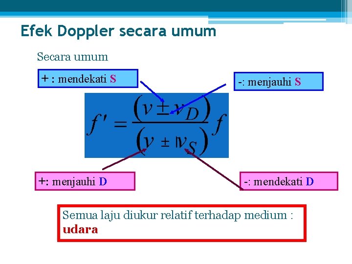 Efek Doppler secara umum Secara umum + : mendekati S -: menjauhi S +: