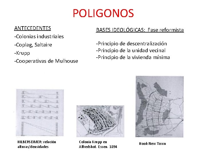 POLIGONOS ANTECEDENTES -Colonias industriales -Coplag, Saltaire -Krupp -Cooperativas de Mulhouse HILBERSEIMER: relación alturas/densidades BASES