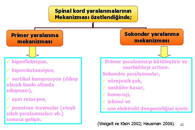 Spinal kord yaralanmalarının Mekanizması özetlendiğinde; Primer yaralanma mekanizması ü hiperfleksiyon, ü hiperekstansiyon, ü vertikal